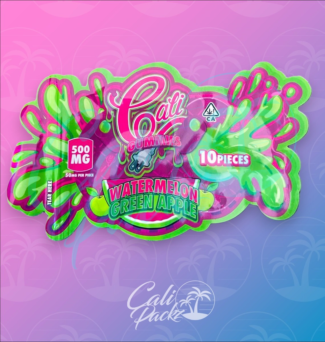 Cali Gummies Watermelon Green Apple 500mg - Mylar Bag Front