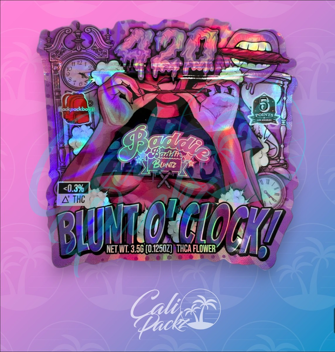 Backpack Boyz 420 Blunt O Clock Die-Cut 3.5g - Mylar Bag Front