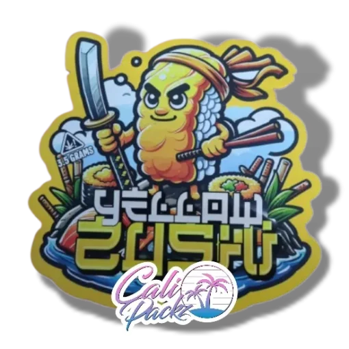yellow zushi die cut cali pack 3.5g mylar bag