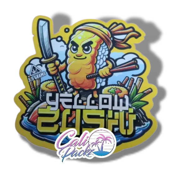 yellow zushi die cut cali pack 3.5g mylar bag